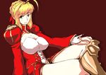  ahoge blonde_hair breasts cleavage crossed_legs donson fate/extra fate_(series) green_eyes large_breasts looking_at_viewer nero_claudius_(fate) nero_claudius_(fate)_(all) short_hair sitting solo 