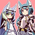  2girls 7th_dragon_(series) 7th_dragon_iii animal_ear_fluff animal_ears bangs bare_shoulders black_hairband blue_dress blue_hair blush breastplate breasts brown_background brown_eyes character_request closed_mouth commentary_request dress eyebrows_visible_through_hair green_eyes green_hair hairband light_frown lucier_(7th_dragon) multicolored_hair multiple_girls naga_u outline purple_hair sleeveless sleeveless_dress small_breasts smile two-tone_hair white_outline 