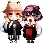  :&gt; blonde_hair blush bura candy candy_apple flower food hair_ornament hat holding_hands moriya_suwako multiple_girls purple_hair red_eyes short_hair snake_tail tadpole_tail tail touhou yasaka_kanako yellow_eyes 