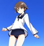  blush brown_eyes brown_hair dakian long_sleeves miyafuji_yoshika school_swimsuit school_uniform short_hair solo strike_witches swimsuit swimsuit_under_clothes world_witches_series 