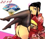  1girl 2019 black_hair black_legwear black_panties brown_eyes commentary_request fan floral_print flower garter_straps hair_flower hair_ornament hairclip hand_up holding holding_fan japanese_clothes kimono knees_up looking_at_viewer new_year original panties pink_flower print_kimono red_kimono sash short_hair sidelocks simple_background solo thighhighs underwear yuya 