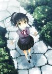  bad_id bad_pixiv_id black_hair blush bush cobblestone foreshortening from_above grin long_hair looking_at_viewer looking_up original path pleated_skirt ribbon road school_uniform skirt smile solo sweater_vest yakka yellow_eyes 
