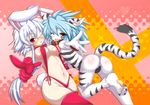  animal_ears animal_print bad_id bad_pixiv_id blue_hair blush breasts bunny_ears bunny_tail cat_paws collar covered_nipples cuffs dual_persona elbow_gloves fake_animal_ears fang fuurin_rei glasses gloves highres leg_up long_hair medium_breasts multiple_girls one_eye_closed open_mouth original outstretched_arm paws pointing pointing_at_viewer reaching red_eyes red_legwear ringed_eyes sidelocks string_bikini tail thighhighs tiger_ears tiger_print tiger_tail tomoyan_(nyakkoya) white_hair yellow_eyes 