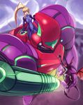  alien blonde_hair blue_eyes highres hybridmink mecha metroid ponytail power_armor ridley samus_aran skin_tight zero_suit 