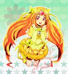 boots bow brooch bubble_skirt choker circlet cure_muse_(yellow) flower frills hair_ribbon heart highres jewelry jumping knee_boots long_hair magical_girl open_mouth orange_hair precure red_eyes ribbon shirabe_ako skirt smile solo star suite_precure yellow_bow yellow_choker yellow_skirt 