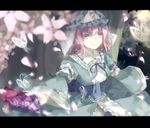  bad_id bad_pixiv_id bug butterfly cherry_blossoms fan folding_fan hat insect japanese_clothes obi petals pink_eyes pink_hair red_(girllove) ribbon saigyouji_yuyuko sash short_hair smile solo touhou tree triangular_headpiece wide_sleeves 