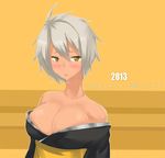  2013 art_is_de4d blazblue blazblue:_chronophantasma blush breasts bullet_(blazblue) cleavage dark_skin japanese_clothes kimono large_breasts new_year obi off_shoulder sash scar short_hair silver_hair solo translated yellow_eyes 