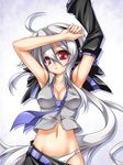  ahoge armpits arms_up breasts cleavage detached_sleeves headphones long_hair medium_breasts navel necktie panties pants pants_pull ponytail red_eyes roura silver_hair solo underwear very_long_hair vocaloid voyakiloid white_panties yowane_haku 