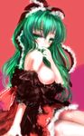  1girl amii bare_shoulders breasts breasts_outside cum cum_in_mouth cum_on_body cum_on_clothes cum_on_legs cum_on_lower_body female green_eyes green_hair hair_ornament hair_ribbon kagiyama_hina large_breasts long_hair nipples no_bra ribbon sitting solo touhou 