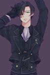  arms_up bad_id bad_pixiv_id black_hair black_sclera colored_eyelashes cravat facial_mark formal gloves green_eyes heterochromia male_focus mismatched_sclera okmr purple_background red_eyes smile solo suit tales_of_(series) tales_of_xillia tales_of_xillia_2 victor_(tales) 