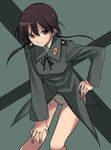  blush breasts brown_eyes brown_hair dakian gertrud_barkhorn hand_on_own_knee long_sleeves medium_breasts military military_uniform panties ribbon smile solo strike_witches twintails underwear uniform world_witches_series 