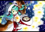  44sann deer hatsune_miku hood japanese_clothes kimono lantern long_hair snow_bunny solo uchikake vocaloid yuki_miku 