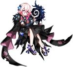  1girl alternate_costume alternate_hairstyle black_hair braid cape daydreamer_(elsword) dress elbow_gloves elsword empty_eyes expressionless fingerless_gloves flower gloves hair_between_eyes hair_flower hair_ornament laby_(elsword) official_art pink_eyes pink_hair plant 