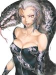  2013 bare_shoulders breasts copyright_request covered_nipples dress fang forked_tongue fumio_(rsqkr) long_hair long_tongue medium_breasts monster_girl purple_eyes scales silver_hair slit_pupils snake tongue zipper 