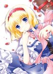  alice_margatroid bad_id bad_pixiv_id blonde_hair blue_eyes book bow breasts capelet dress flower hair_bow hairband lying medium_breasts petals ribbon rose sash short_hair smile solo touhou white-brown 