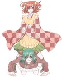  all_fours animal_ears apron bad_id bad_pixiv_id bell boots checkered clothes_writing cross-laced_footwear gangnam_style green_hair grin hair_bell hair_ornament jingle_bell kasodani_kyouko lace-up_boots long_sleeves motoori_kosuzu multiple_girls parody red_eyes red_hair sariteru short_hair skirt smile sunglasses touhou two_side_up unmoving_pattern wide_sleeves 