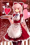  alternate_costume apron bow breasts chi_(marooner2) fujiwara_no_mokou hair_bow happy_new_year heart highres maid medium_breasts new_year pantyhose pink_hair red_eyes skirt smile solo touhou 