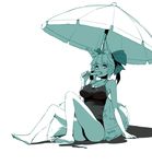  animal_ears barefoot bow breasts fate/extra fate_(series) food fox_ears fox_tail hair_bow hair_ribbon large_breasts masin0201 monochrome one-piece_swimsuit popsicle ribbon solo swimsuit tail tamamo_(fate)_(all) tamamo_no_mae_(fate) twintails umbrella 