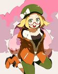  bad_id bad_pixiv_id bel_(pokemon) blonde_hair boots bow breasts cleavage gen_5_pokemon glasses green_eyes hat hat_bow jacket looking_at_viewer medium_breasts munna musharna open_clothes open_jacket open_mouth pokemon pokemon_(creature) pokemon_(game) pokemon_bw2 red-framed_eyewear shigetake_(buroira) short_hair sitting wariza 