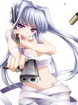  bandages blush breasts cleavage dual_wielding embarrassed gun highres holding large_breasts long_hair looking_at_viewer moneti_(daifuku) navel original pointing pointing_at_viewer purple_eyes sarashi shell_casing silver_hair solo weapon 