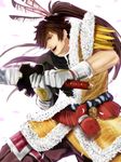  armor bad_id bad_pixiv_id brown_eyes brown_hair feathers long_hair maeda_keiji male_focus mitsuki_mitsuno petals ponytail samurai sengoku_basara solo sword weapon 