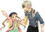  1girl :d arm_up beret black_hair black_hat brown_hair elle_mel_martha green_eyes green_shirt hat long_hair ludger_will_kresnik miho_(mi) multicolored_hair necktie open_mouth shirt short_hair smile tales_of_(series) tales_of_xillia tales_of_xillia_2 two-tone_hair white_hair 