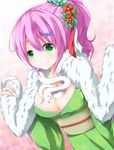  animal animal_around_neck breasts chro cleavage flower green_eyes hair_flower hair_ornament hairclip large_breasts original pink_hair ponytail scarf smile snake solo 