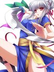  blush chinese_clothes hair_ribbon hair_up highres leg_up looking_at_viewer moneti_(daifuku) open_mouth original pose red_eyes ribbon short_hair short_sleeves sidelocks silver_hair solo sword weapon 