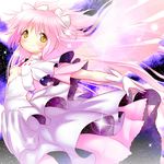  bow dress gloves hair_bow highres kaname_madoka long_hair mahou_shoujo_madoka_magica md5_mismatch outstretched_arm pink_hair pt@i solo space sparkle two_side_up ultimate_madoka yellow_eyes 