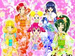  5girls ahoge alternate_costume aoki_reika bell blonde_hair blue_eyes blue_hair blush bow candy_(smile_precure!) cat_bell drill_hair fan floral_print flower fur_trim green_eyes green_hair hair_bow hair_flower hair_ornament hairband hand_on_hip hino_akane hino_akane_(smile_precure!) hoshizora_miyuki japanese_clothes jingle_bell kimono kise_yayoi long_hair looking_at_viewer luna_rune midorikawa_nao multiple_girls open_mouth orange_eyes pink_eyes pink_hair ponytail precure red_hair simple_background smile smile_precure! standing twin_drills wink yellow_eyes 