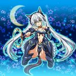 animal_ears bell bow cat_ears chinese_commentary choker commentary_request crescent_moon detached_sleeves fang feet frills full_body highres jingle_bell long_hair looking_at_viewer magical_girl moon open_mouth original paw_pose q_azieru silver_hair solo staff star starry_background tail thighhighs twintails yellow_eyes 