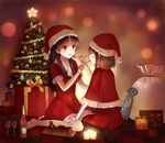  aki-fuyu alcohol bad_id bad_pixiv_id black_hair black_legwear blush bottle brown_hair cake christmas christmas_tree cup dress drinking_glass feeding food gift hand_on_thigh hat long_hair multiple_girls onjouji_toki open_mouth red_eyes sack saki saki_achiga-hen santa_costume santa_hat shimizudani_ryuuka short_hair sitting thighhighs wariza white_legwear wine wine_glass 