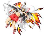  adapted_costume bow cutoffs dutch_angle fiery_wings fire fujiwara_no_mokou grey_hair grin hair_bow hand_in_pocket highres long_hair midriff navel red_eyes sarashi shoes smile sneakers solo strap_slip suspenders takon34 touhou very_long_hair wings 