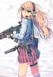  ak-103 assault_rifle blonde_hair blue_eyes daito gp-25 grenade_launcher gun headset highres long_hair original rifle school_uniform skirt solo sr-2 strap submachine_gun suppressor sweater_vest underbarrel_grenade_launcher weapon 