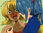  blonde_hair blue_hair blush green_eyes holding_hands imminent_kiss inazuma_eleven inazuma_eleven_(series) kazemaru_ichirouta long_hair male_focus miyasaka_ryou multiple_boys open_mouth ponytail shadow smile sweat tan yaoi 