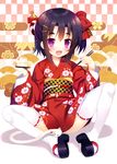  :d black_hair bow checkered checkered_background chinese_zodiac chopsticks clog_sandals egasumi eyebrows fang floral_print full_body hair_bow hair_ornament hairclip holding holding_chopsticks japanese_clothes kanzashi kimono left-handed meito_(maze) new_year open_mouth original purple_eyes short_hair short_kimono side_ponytail sitting smile snake solo thighhighs white_legwear white_snake year_of_the_snake 