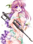  ass bare_shoulders blue_eyes blush braid breasts brown_hair flower gun hair_flower hair_ornament highres long_hair looking_at_viewer medium_breasts midriff moneti_(daifuku) open_mouth original panties rifle scope sideboob solo strap underwear weapon 