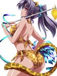  animal_ears back baton bikini black_hair blush breasts dark_skin highres leopard_ears leopard_tail long_hair medium_breasts moneti_(daifuku) original pom_poms ponytail red_eyes ribbon side-tie_bikini solo swimsuit tail 