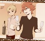  androgynous bottle champagne_flute cup drinking_glass eighth_note glasses inazuma_eleven_(series) inazuma_eleven_go kiyama_hiroto male_focus midorikawa_ryuuji mizuhara_aki multiple_boys musical_note older one_eye_closed open_mouth smile wine_bottle 