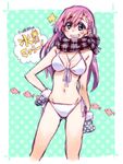  bad_id bad_pixiv_id bare_shoulders bikini blue_eyes blush braid breasts cleavage gloves green_background grin hand_on_hip highres jewelry long_hair looking_at_viewer medium_breasts mittens navel necklace original pink_hair polka_dot polka_dot_background scarf shell smile solo star swimsuit takanashi_ringo translated 