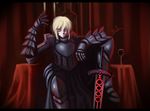  armor armored_dress artoria_pendragon_(all) bad_id bad_pixiv_id black_armor blonde_hair cup d.sum dark_excalibur dress drinking_glass fate/stay_night fate_(series) gauntlets planted_sword planted_weapon saber_alter signature sitting solo sword weapon wine_glass yellow_eyes 