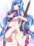  bikini blue_hair blush breasts cleavage crossed_legs gun hair_ornament hair_ribbon highres large_breasts legs long_hair looking_at_viewer mole mole_under_mouth moneti_(daifuku) original purple_eyes ribbon rifle shotgun sitting skirt smile solo swimsuit weapon 