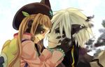  1girl beret black_armor black_hat brown_hair elle_mel_martha eye_contact green_eyes hat long_hair looking_at_another ludger_will_kresnik miho_(mi) red_eyes smile spoilers tales_of_(series) tales_of_xillia tales_of_xillia_2 white_hair 