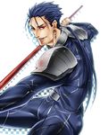  bad_id bad_pixiv_id blue_hair earrings fate/stay_night fate_(series) gae_bolg jewelry lancer long_hair male_focus mitsuki_mitsuno pauldrons polearm ponytail red_eyes solo spear weapon 