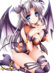  bat bat_wings black_wings blue_hair blush boots breasts cleavage demon_tail hands_together highres kneeling large_breasts leotard long_hair looking_at_viewer moneti_(daifuku) original own_hands_together silver_hair smile solo star tail wings 