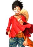  1boy eyes_closed hand_in_pocket hat hat_removed headwear_removed kara_(acluf-0156) male male_focus monkey_d_luffy one_piece open_clothes open_shirt red_shirt sash scar shirt smile solo stampede_string straw_hat wind 