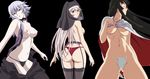  3girls absurdres aldora aldra_(queen's_blade) ass back black_hair black_panties breasts eyes_closed fundoshi green_eyes highres large_breasts long_hair multiple_girls nipples panties queen&#039;s_blade queen's_blade red_eyes red_panties shizuka_(queen&#039;s_blade) shizuka_(queen's_blade) thighhighs thong tomoe uncorrupted_aldora underwear white_hair 