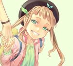  1girl backpack bag beret black_hat blush brown_hair collarbone elle_mel_martha green_eyes green_shirt grin hair_ribbon hat holding_hands long_hair ludger_will_kresnik miho_(mi) ribbon shirt sidelocks smile solo_focus tales_of_(series) tales_of_xillia tales_of_xillia_2 twintails 