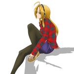  ahoge akou_(phoenix777) black_legwear blonde_hair blush brown_eyes contemporary denim denim_shorts fashion frown headphones highres legwear_under_shorts long_hair oda_nobuna oda_nobuna_no_yabou pantyhose plaid plaid_shirt shirt shoes shorts sitting sneakers solo 