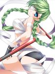  bandages blue_eyes blush braid breasts dual_wielding embarrassed eyepatch fingerless_gloves gloves green_hair highres holding large_breasts long_hair looking_at_viewer midriff moneti_(daifuku) open_mouth original solo tears tonfa twin_braids weapon 